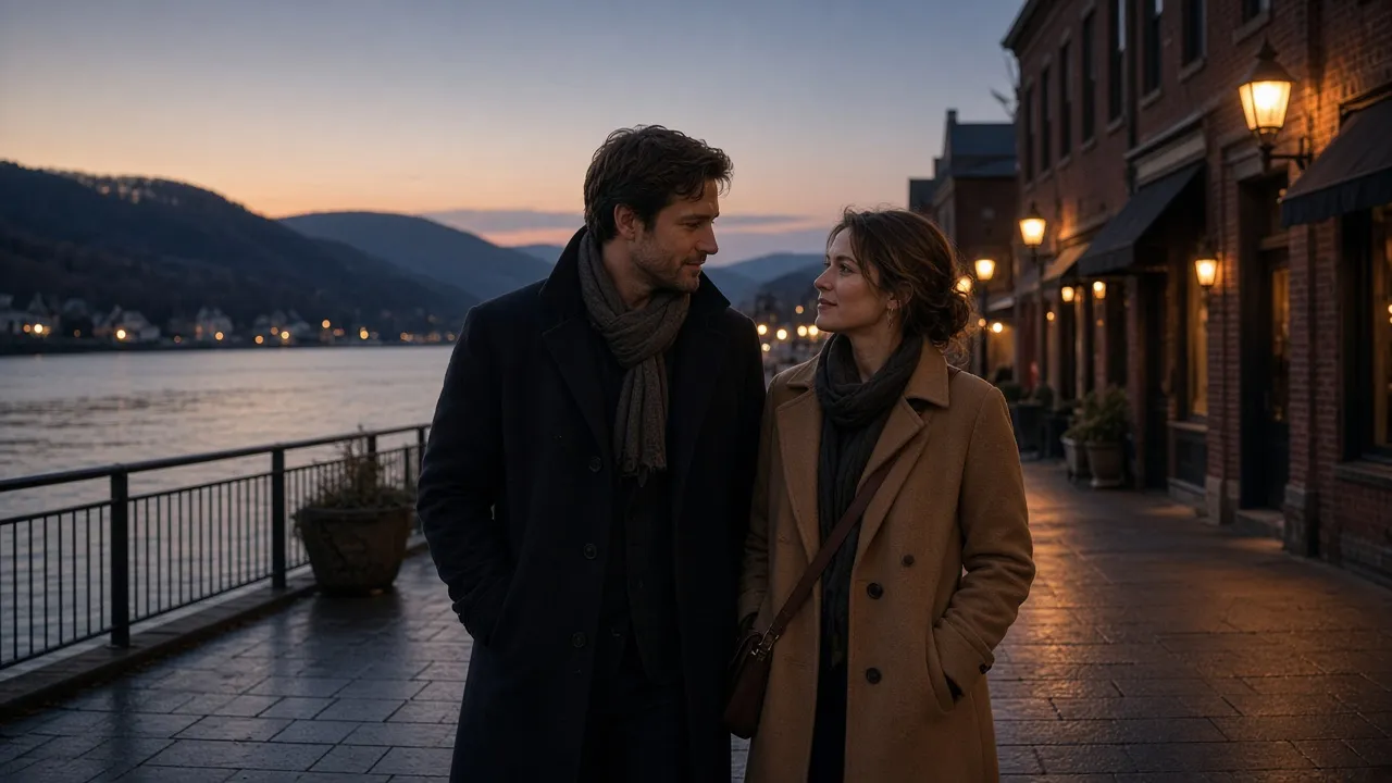 A dressed couple in coats on a river-town sidewalk at dusk, hills behind, no signs.