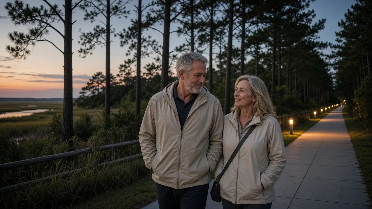 A dressed couple in light jackets on a pine-town sidewalk at dusk, no signs.
