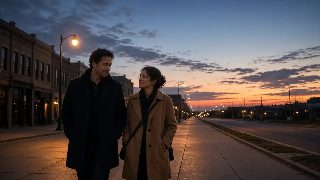 A dressed couple in jackets on a prairie downtown sidewalk at dusk, a wide sky, no signs.