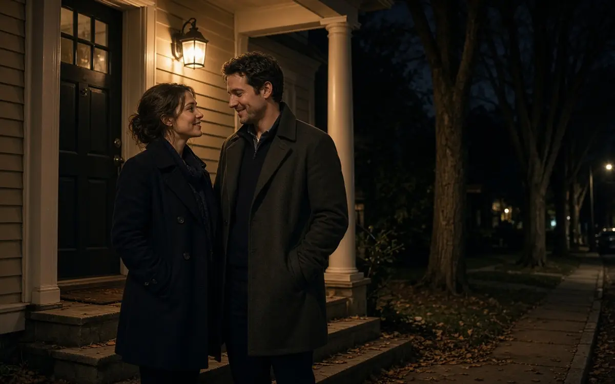 A dressed couple on a front step at night, trees and a warm porch light.