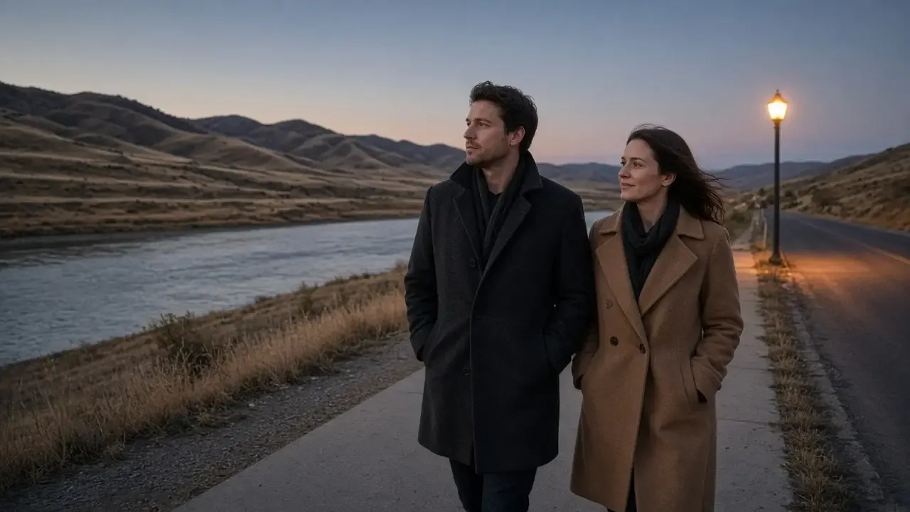 A dressed couple in wool coats on a river sidewalk at dusk, dry hills behind, no signs.