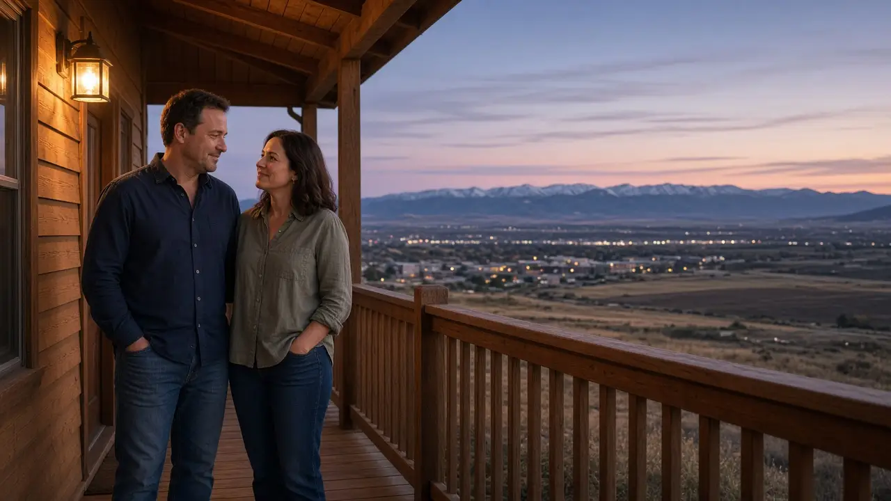 A dressed couple on a brick walk at dusk, open plains and a distant ridge.