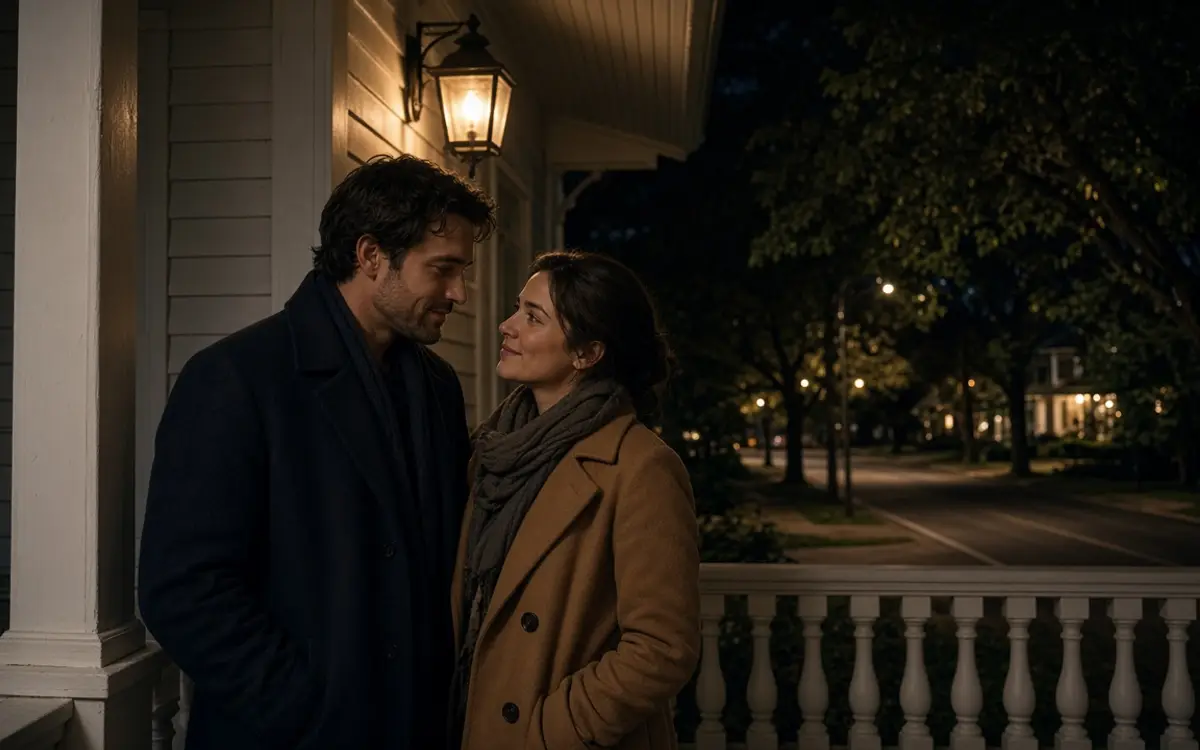 A dressed couple on a porch at night, leafy trees and a quiet street.