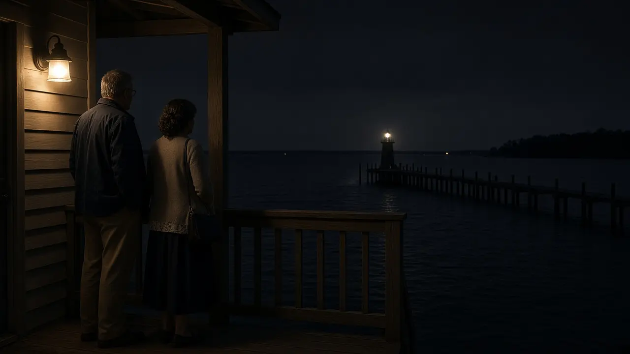 A dressed couple on a porch at night, a dark gulf and a warm lamp.