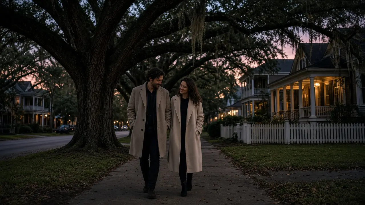 A dressed couple in light coats under live oaks at dusk, no signs.