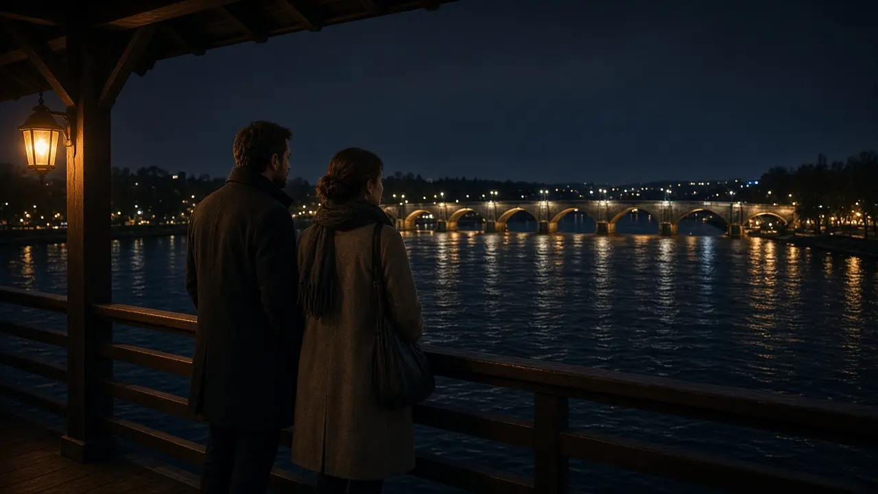 A dressed couple on a porch at night, a river bridge and warm windows.