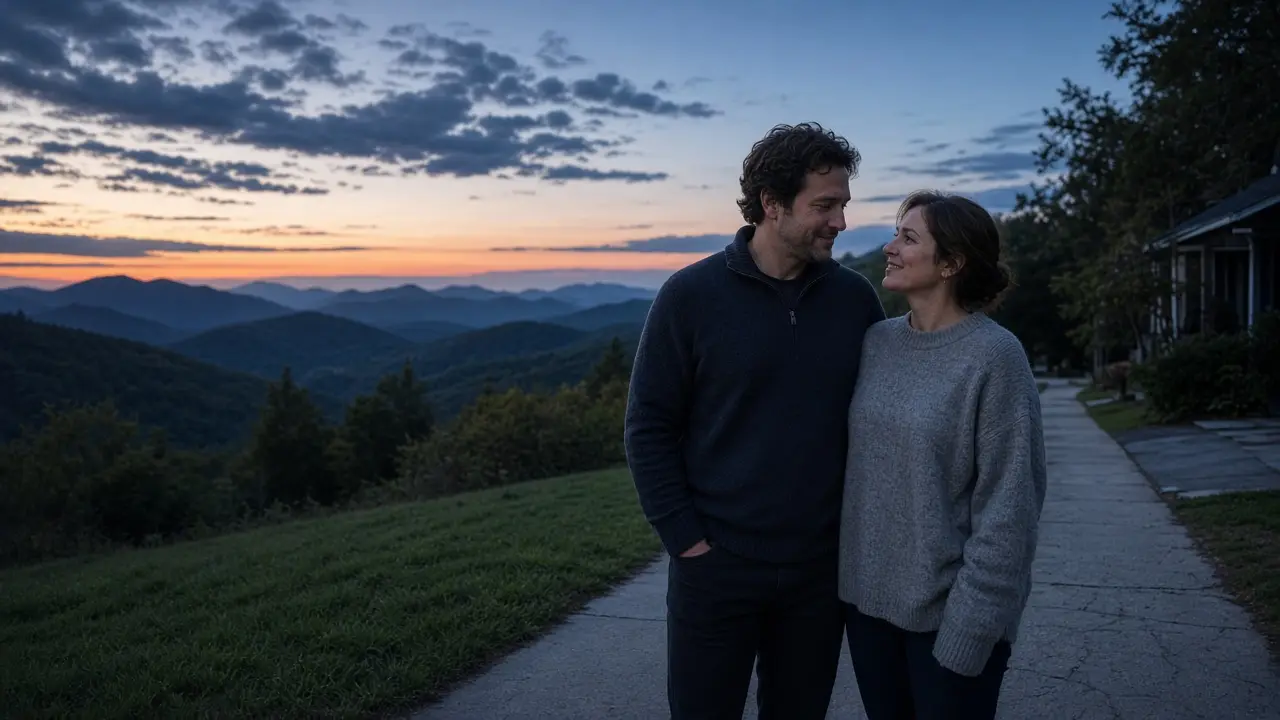 A dressed couple in sweaters on a valley sidewalk at dusk, hills behind.