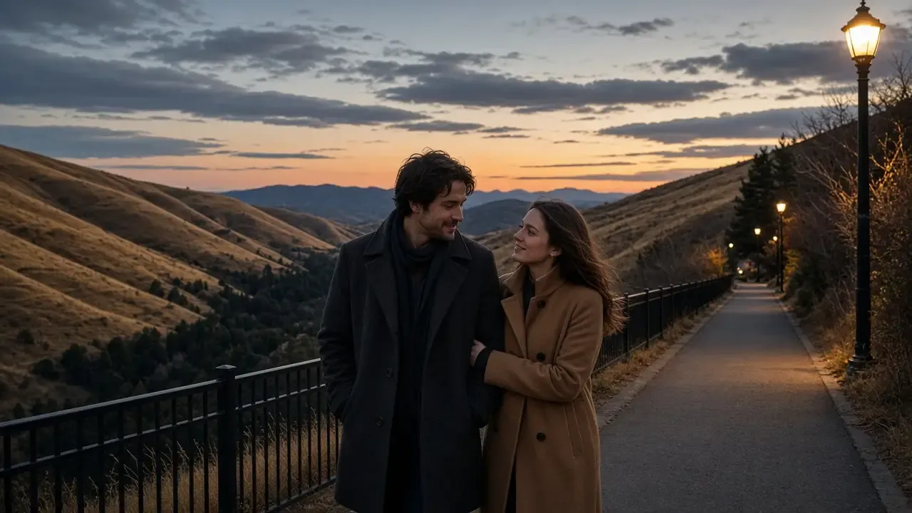 A dressed couple in wool coats on a valley sidewalk at dusk, dry hills behind, no signs.