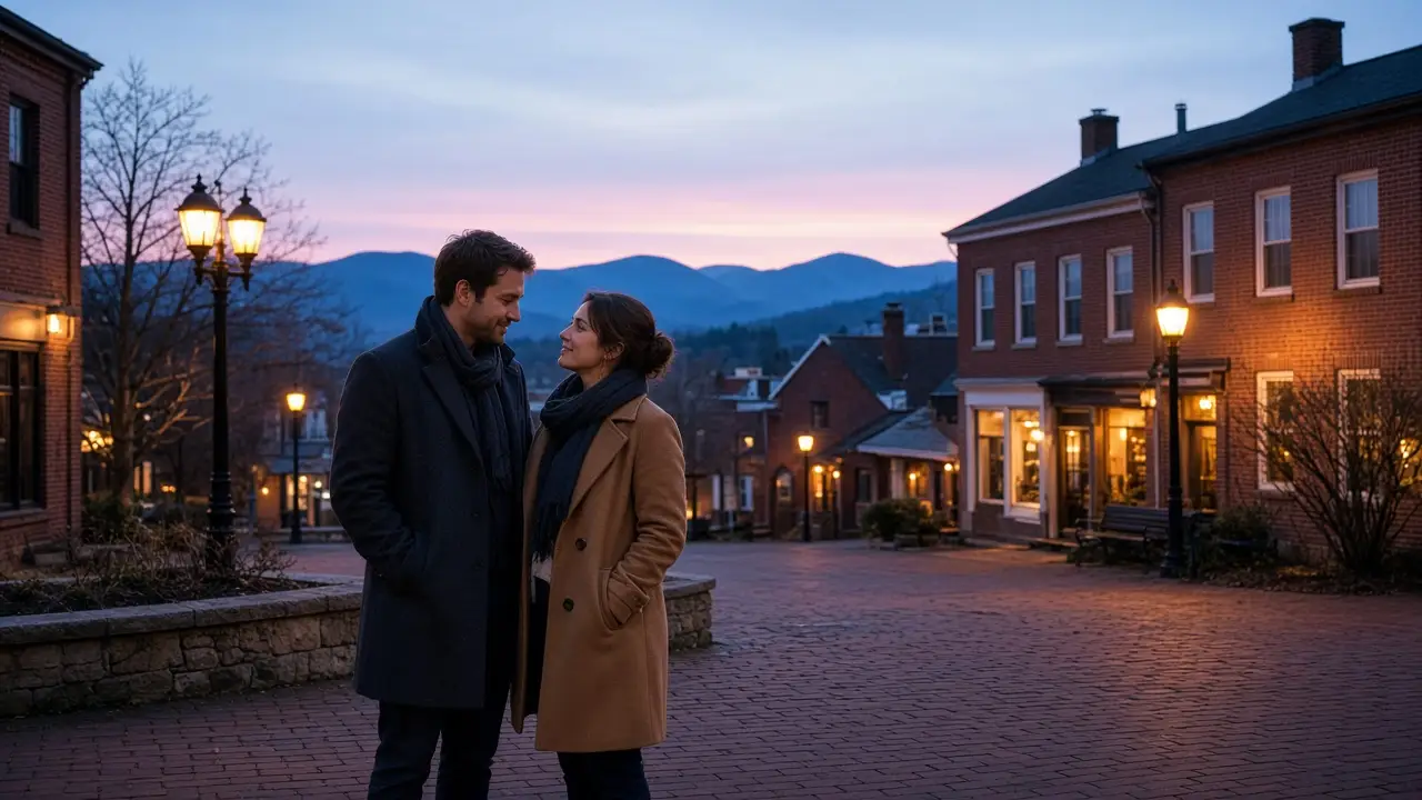 A dressed couple on a brick square at dusk, blue ridges behind the storefronts.