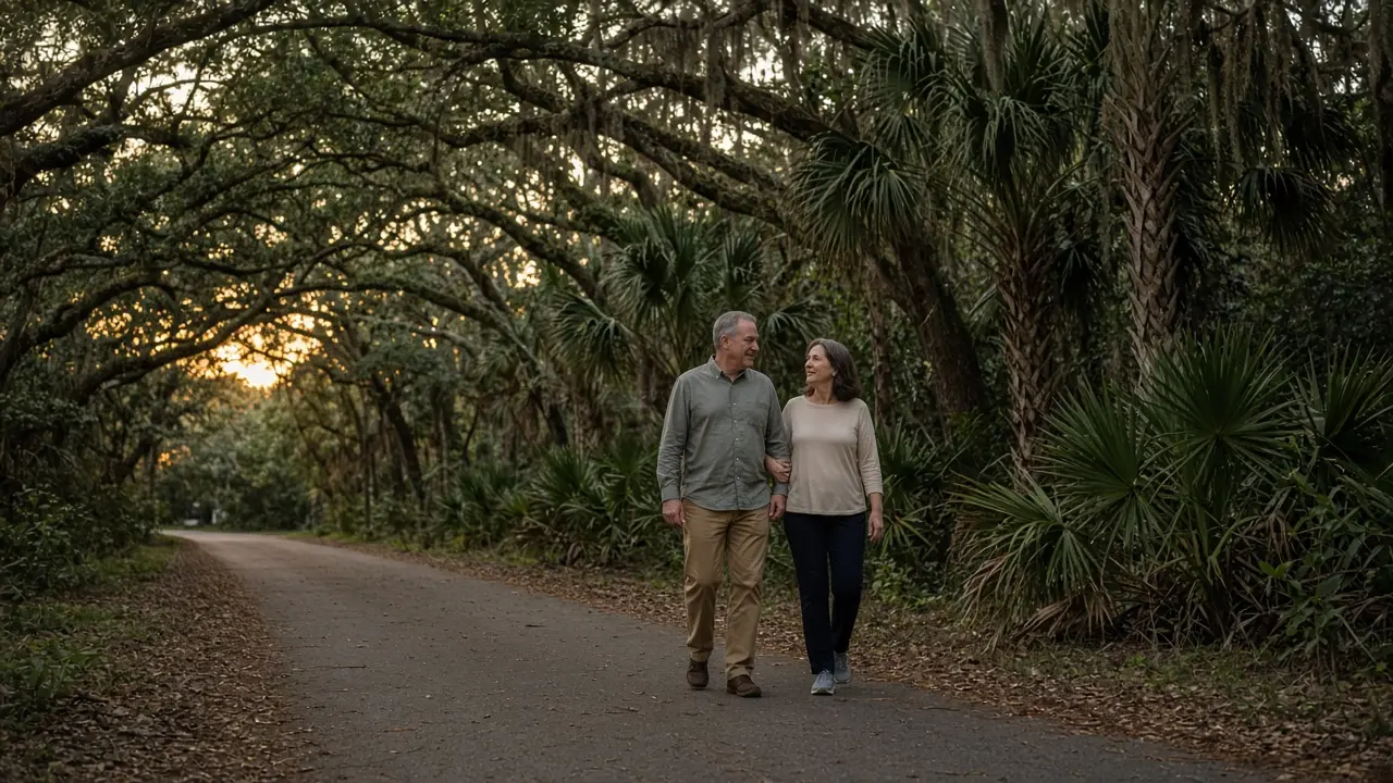 A dressed couple on a shaded path under live oaks and palmettos at dusk.