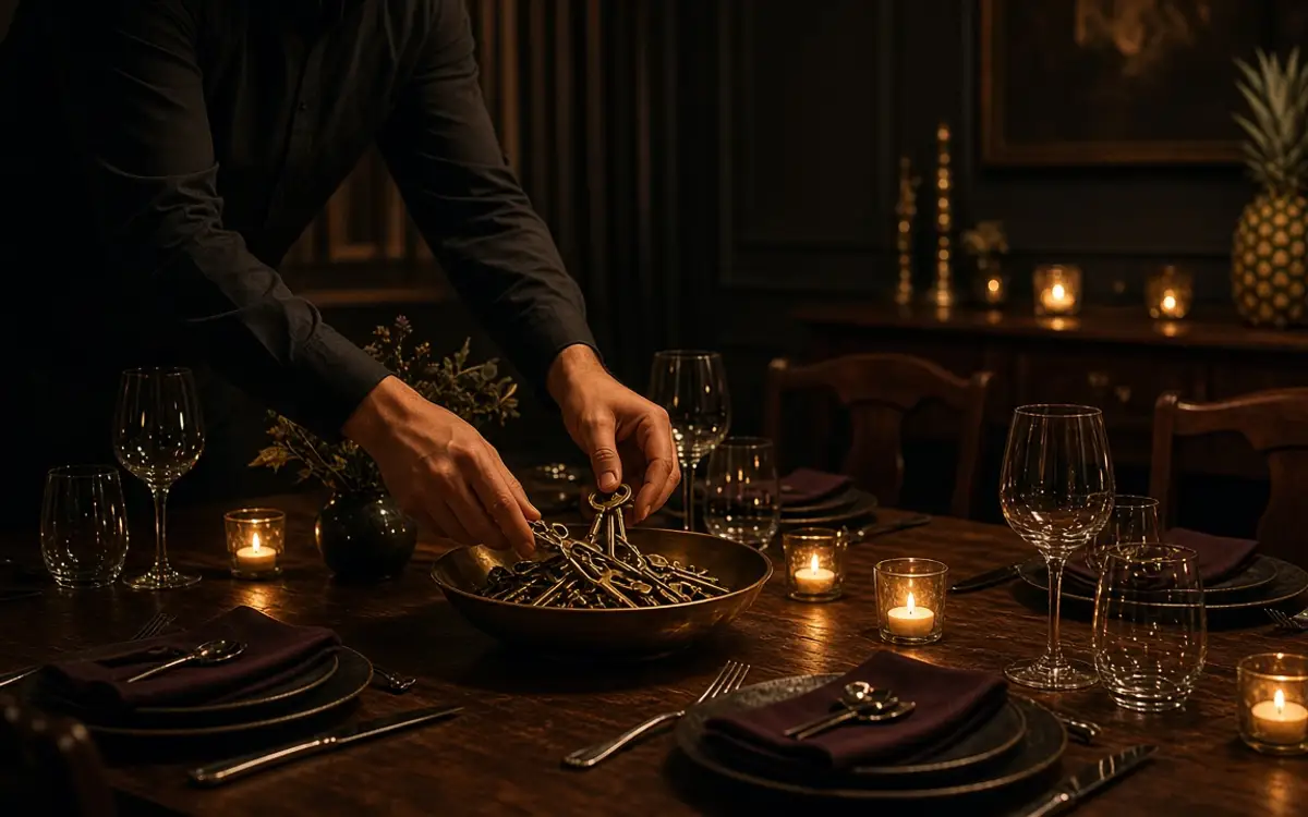 A host setting a bowl of keys on a candlelit table before guests arrive.
