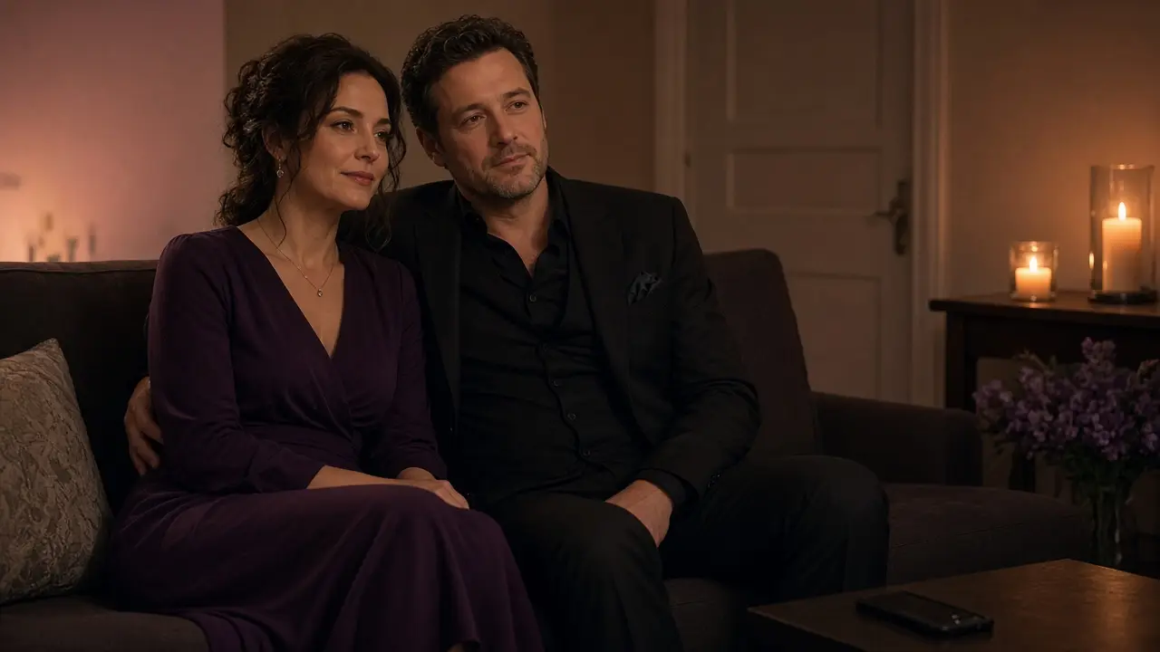 A dressed couple on a sofa at night, a phone face down, warm candlelight, a closed door behind them.