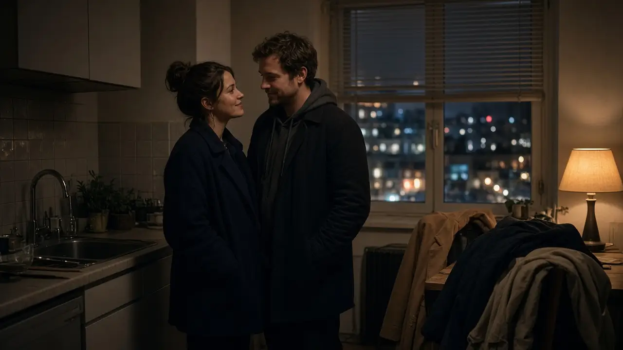 A dressed couple in an apartment kitchen at night, coats on a chair and a warm lamp.