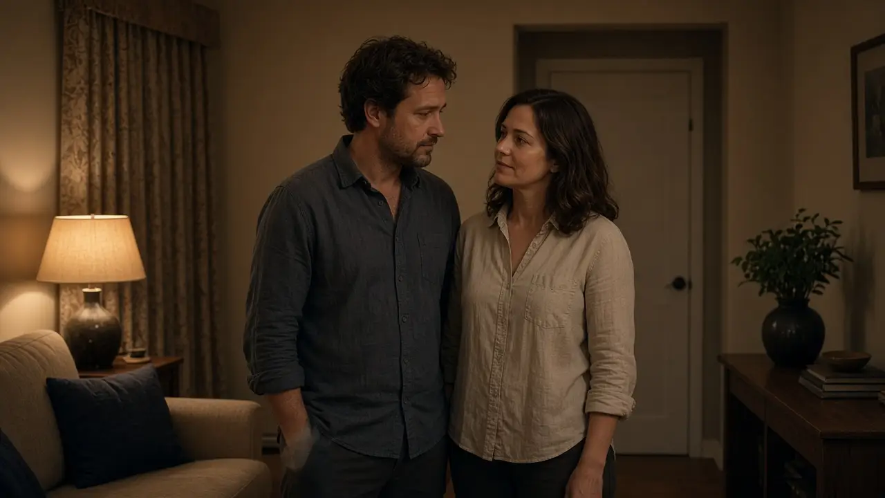 A dressed couple in a quiet living room at night, a closed hallway door and a warm lamp.