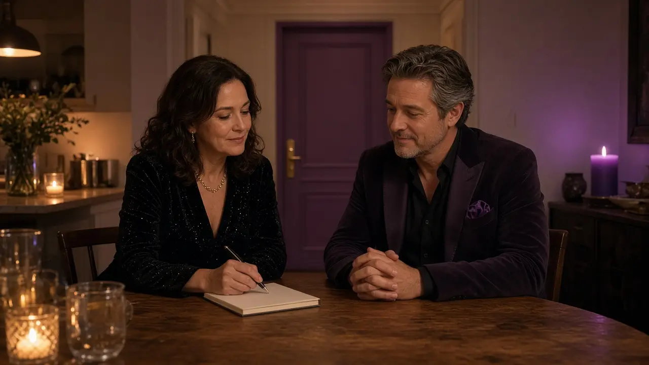 A dressed couple at a kitchen table at night, a notebook between them, warm candlelight and a closed door.