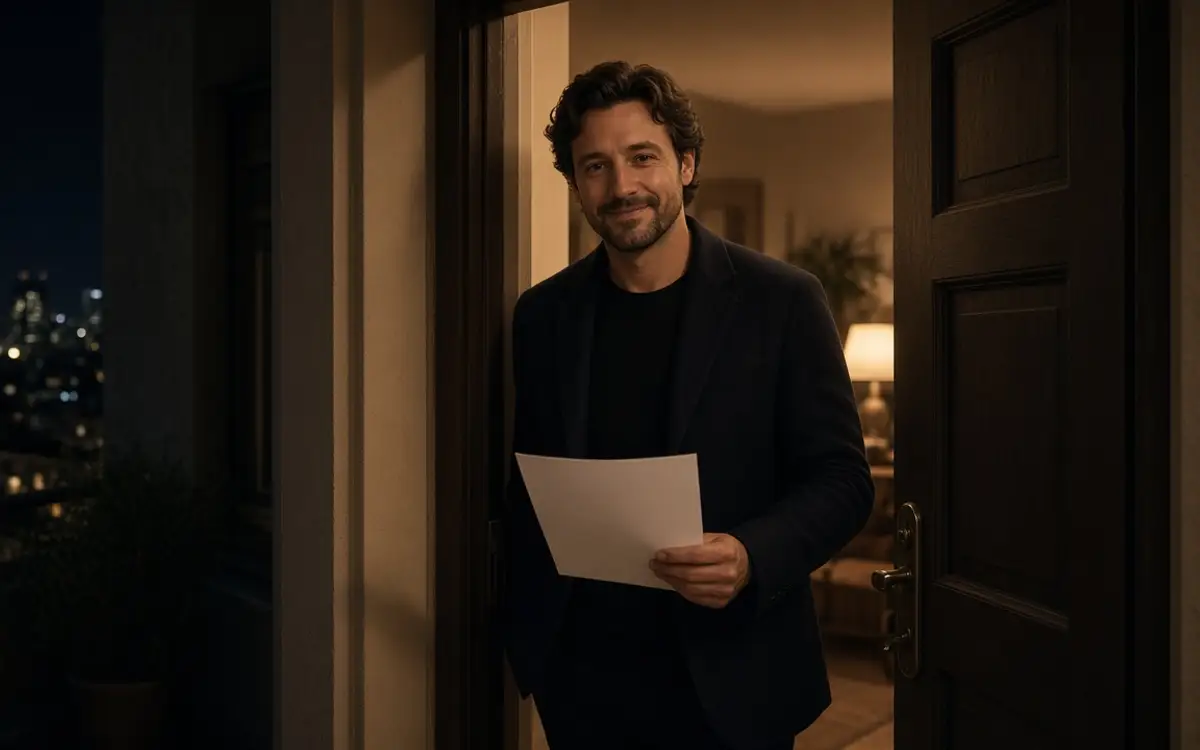 A host at a private door at night, holding a blank guest list.