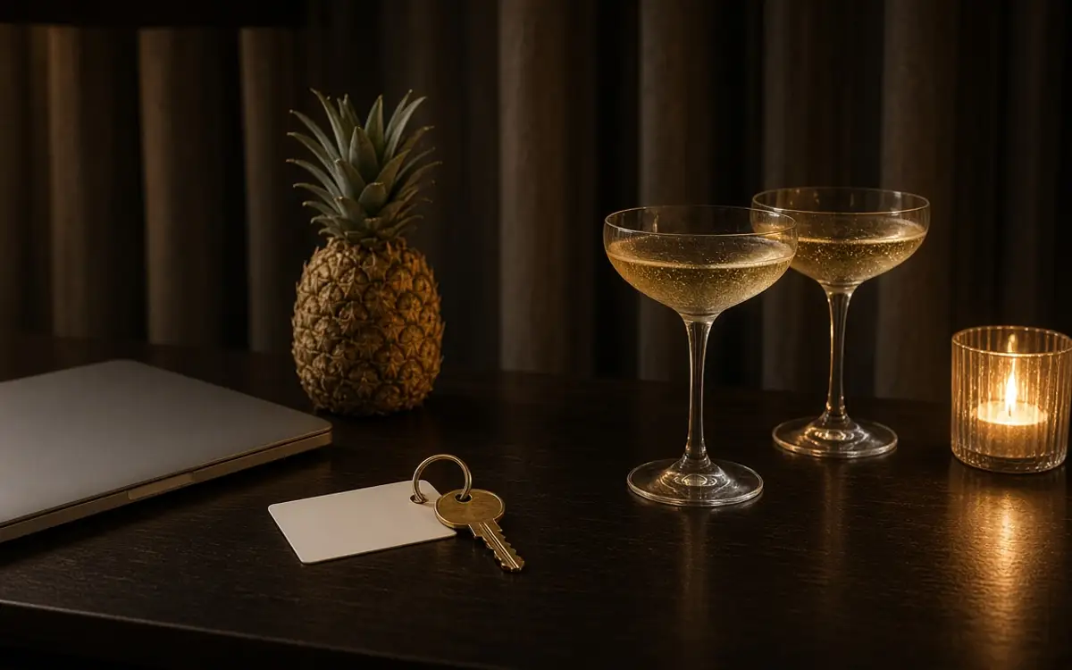A hotel desk at night with a key card, a brass key, a pineapple, and two champagne glasses.