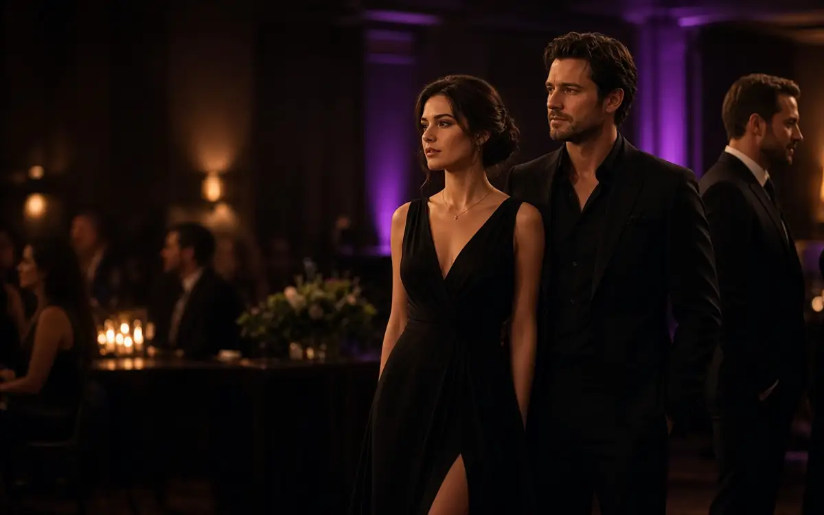 A woman in a long black dress with her partner at a private party.