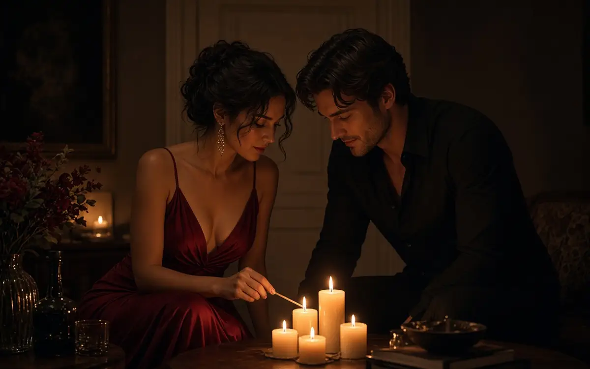A dressed couple lighting a candle in a dark living room, the door closed behind them.