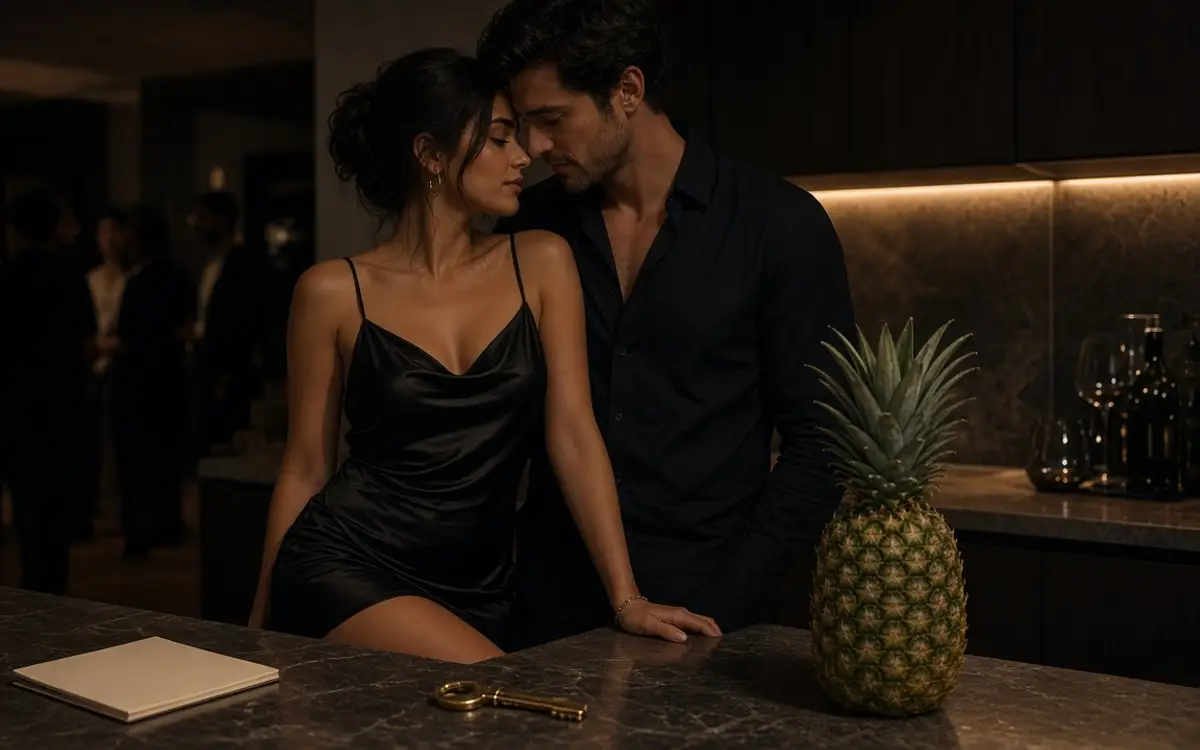 A dressed couple at a kitchen island at night, a pineapple and a brass key on the stone.