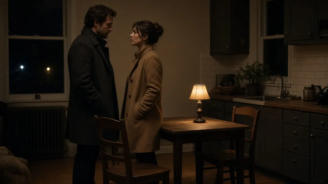A dressed couple in a warm kitchen at night, two empty chairs at the table.