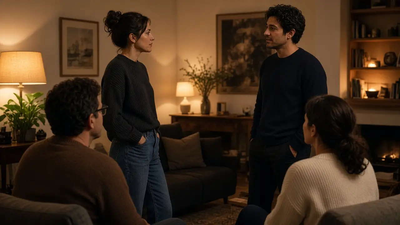 A dressed couple in a living room at night, talking with two seated friends.