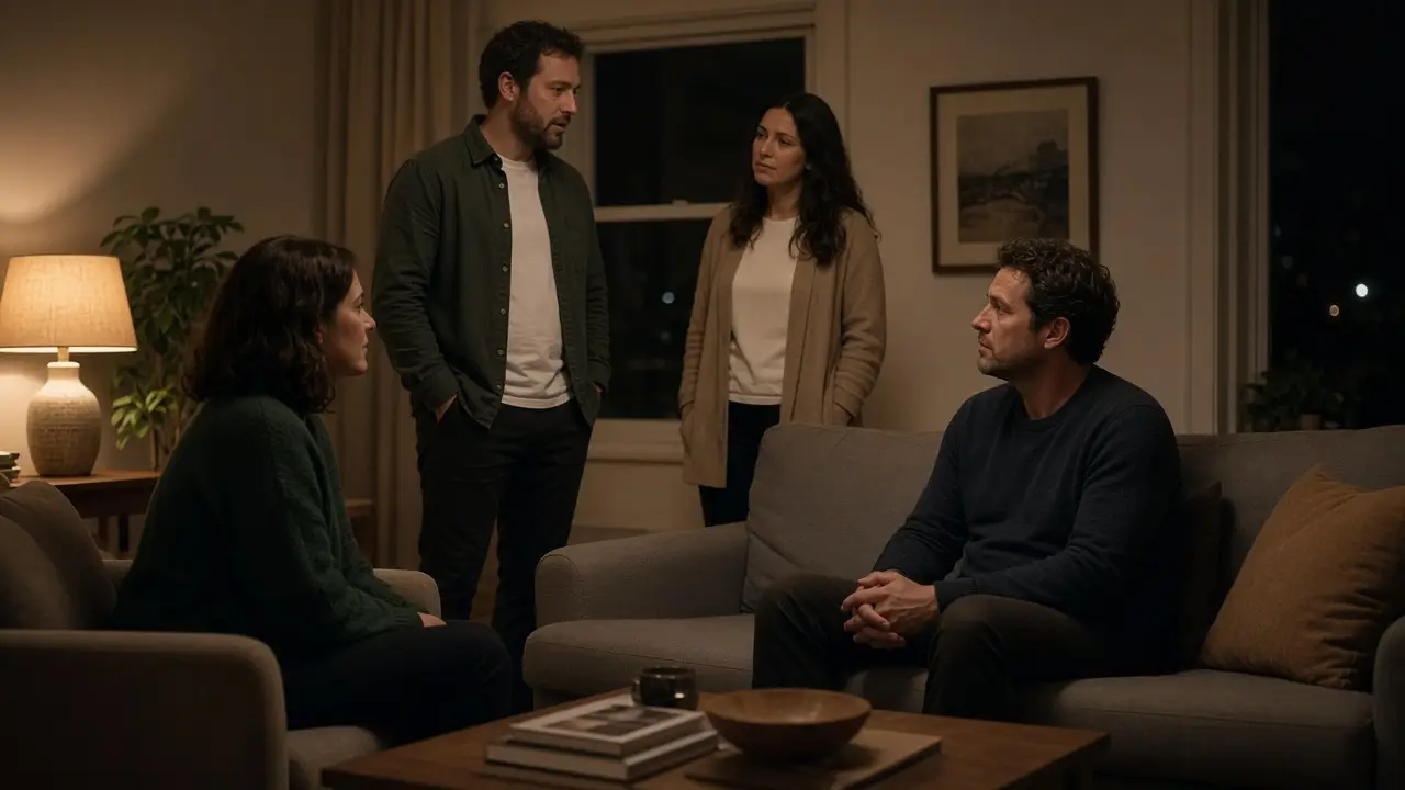 A dressed couple standing in a living room at night, talking with seated friends.