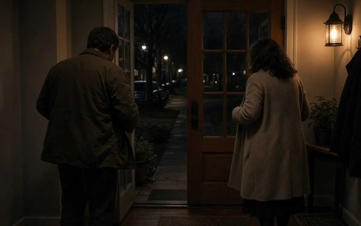 A dressed couple in coats beside a front door at night, a warm porch light.