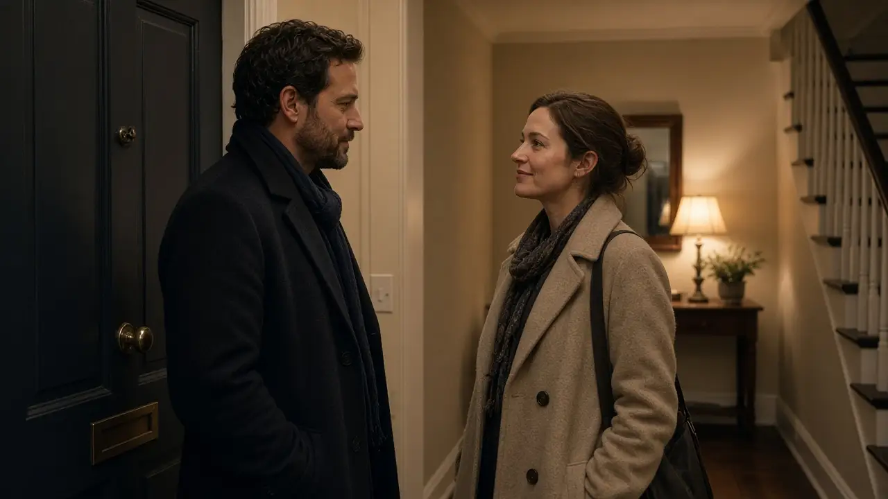 A dressed couple by a front door at night, coats on, speaking quietly under a warm lamp.