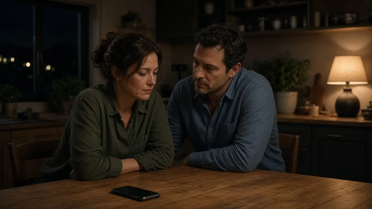 A dressed couple at a kitchen table at night, one phone face down and a warm lamp.