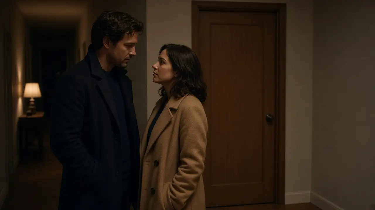 A dressed couple in a dim hallway at night, beside a closed wooden door.