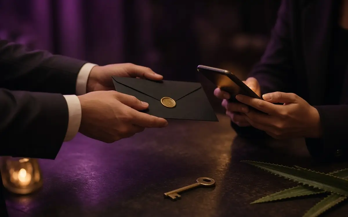 Hands over a sealed envelope, a phone, and a brass key on a dark table.
