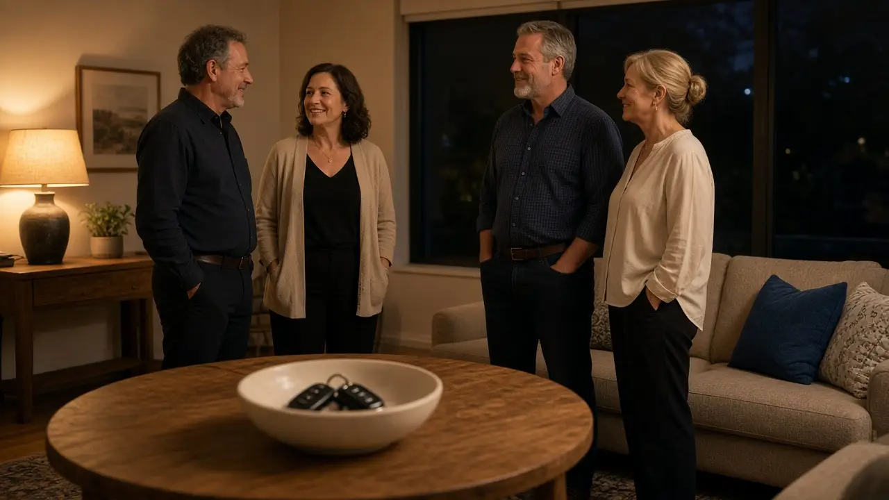 Two dressed couples in a warm living room at night, a bowl of car keys on the table.