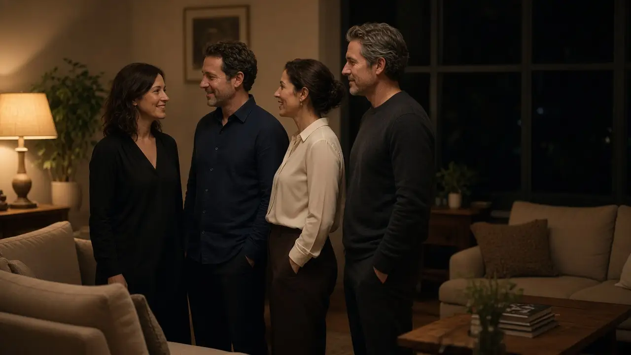 Two dressed couples talking in a warm living room at night.