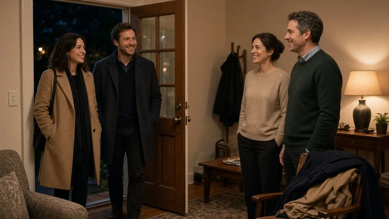 A dressed couple greeting another dressed couple in a doorway at night.