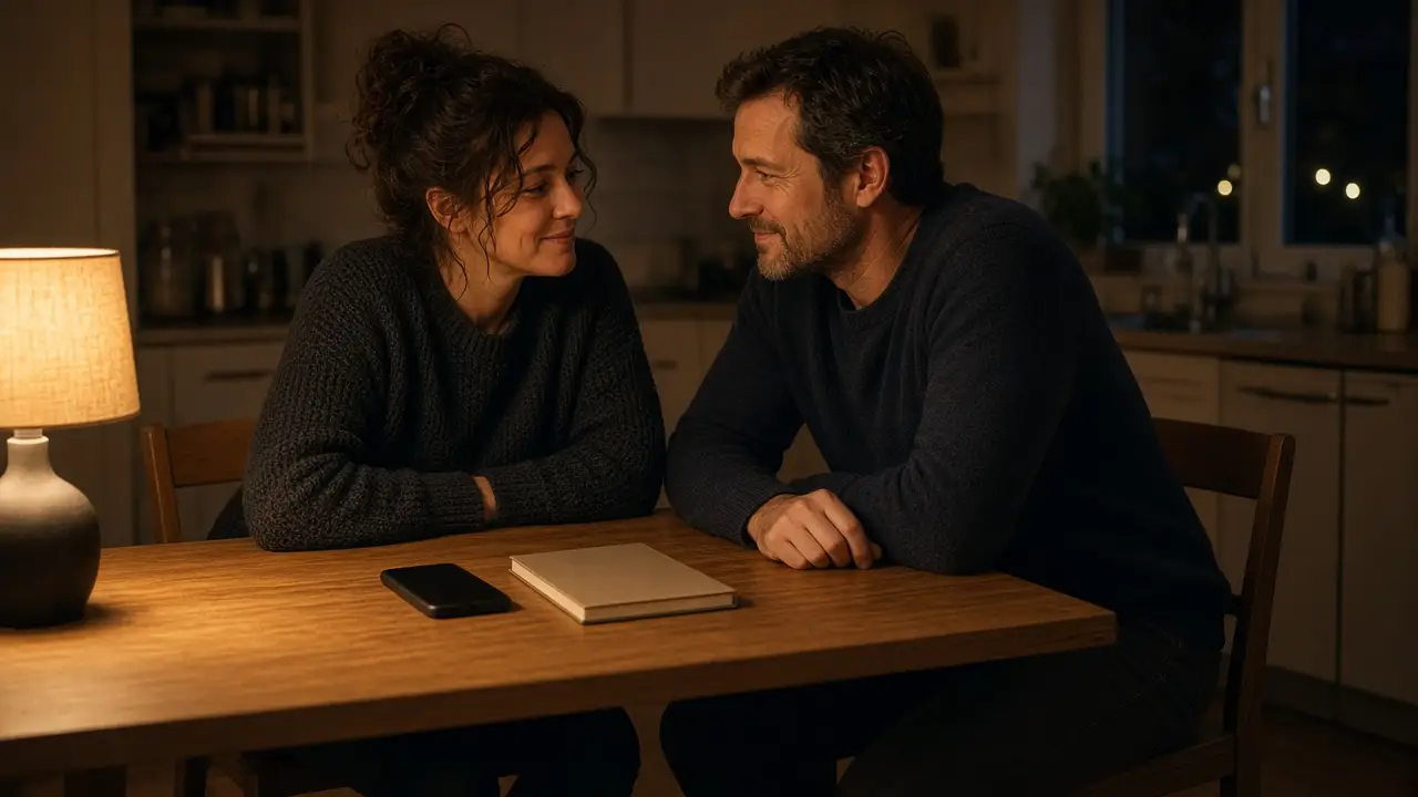 A dressed couple at a kitchen table at night, one phone face down and a warm lamp.