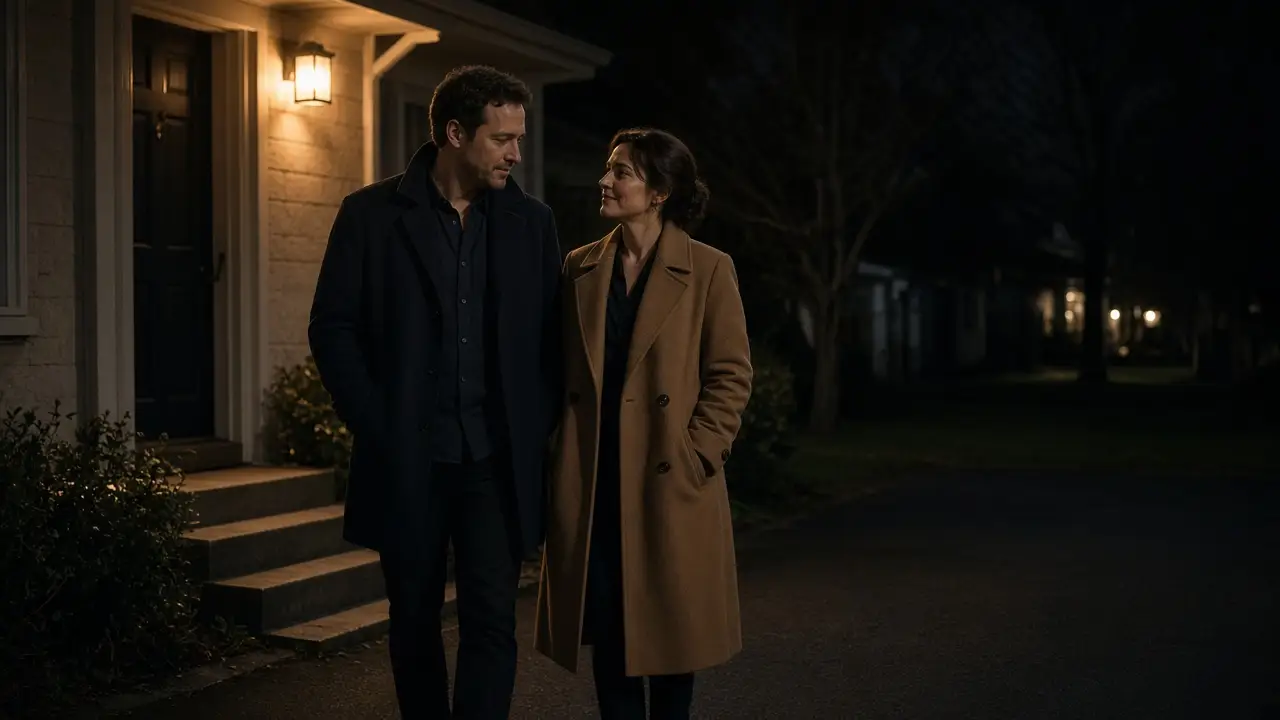 A dressed couple beside a dark driveway at night, a porch light and no street sign.