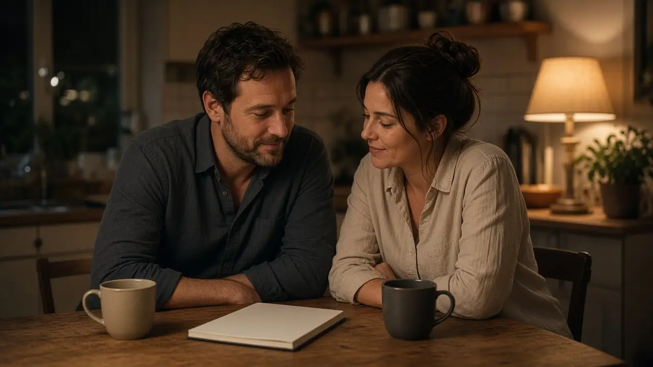 A dressed couple at a kitchen table at night, a notebook, two cups, and a warm lamp.