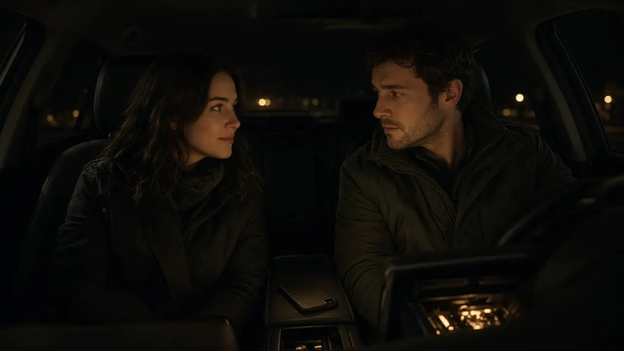 A dressed couple in a parked car at night, coats on, one phone face down.