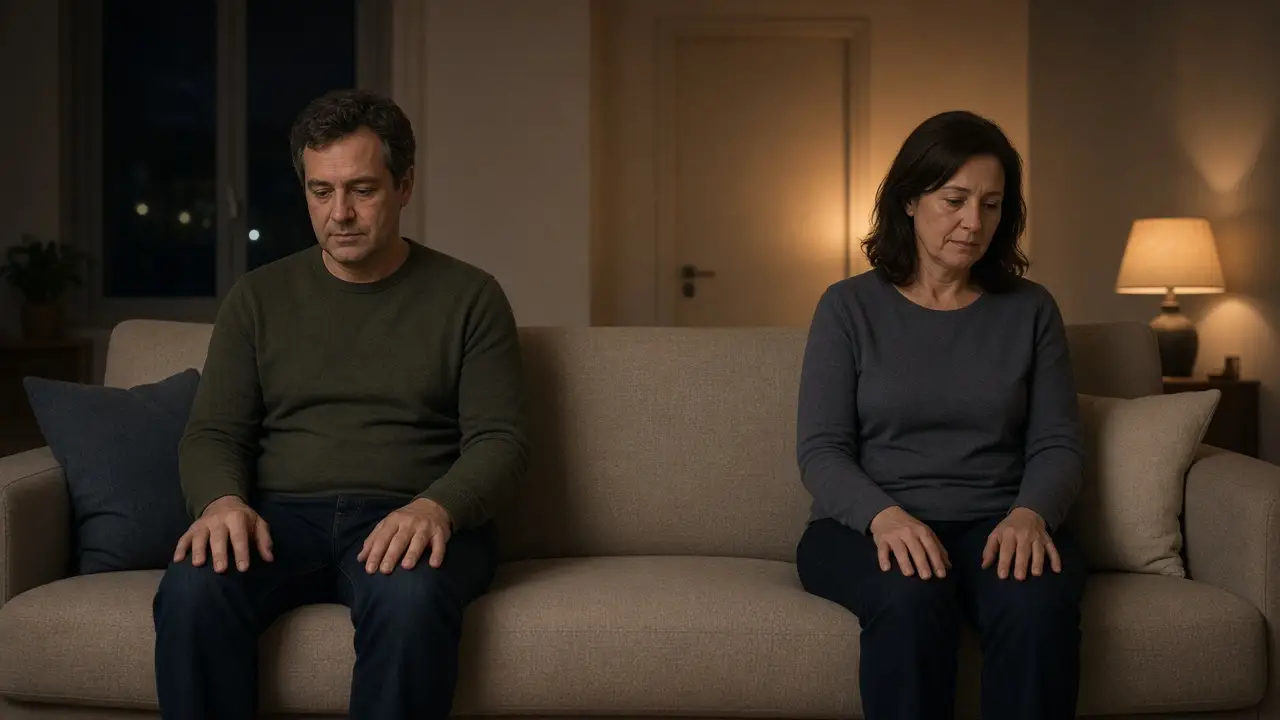 A dressed couple on a sofa at night, sitting a little apart under a warm lamp.