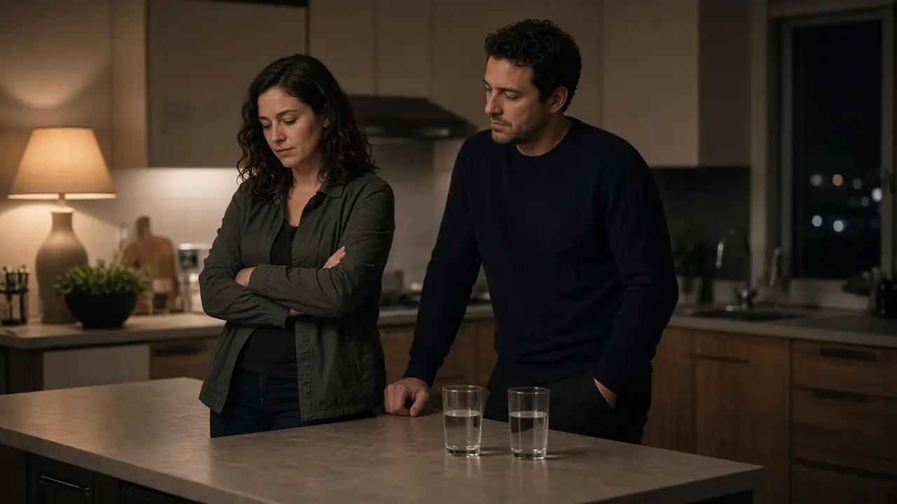 A dressed couple in a kitchen at night, two water glasses and a warm lamp.