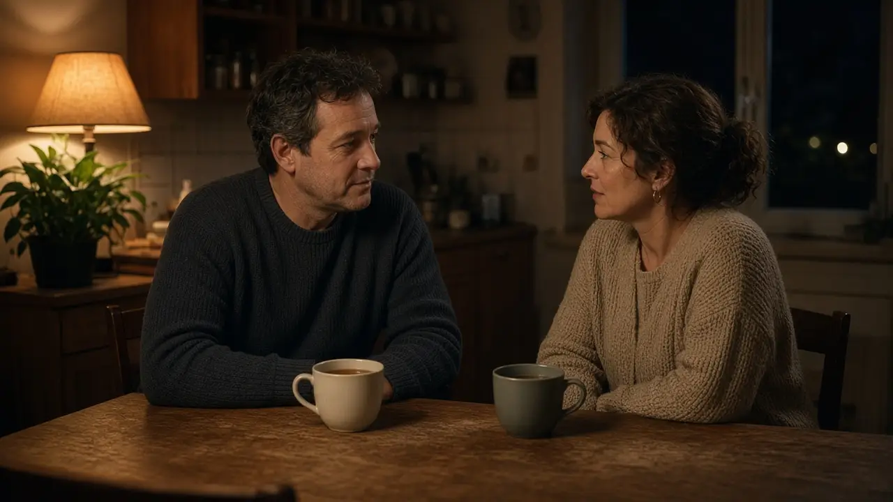 A dressed couple at a kitchen table at night, talking over two cups and a warm lamp.
