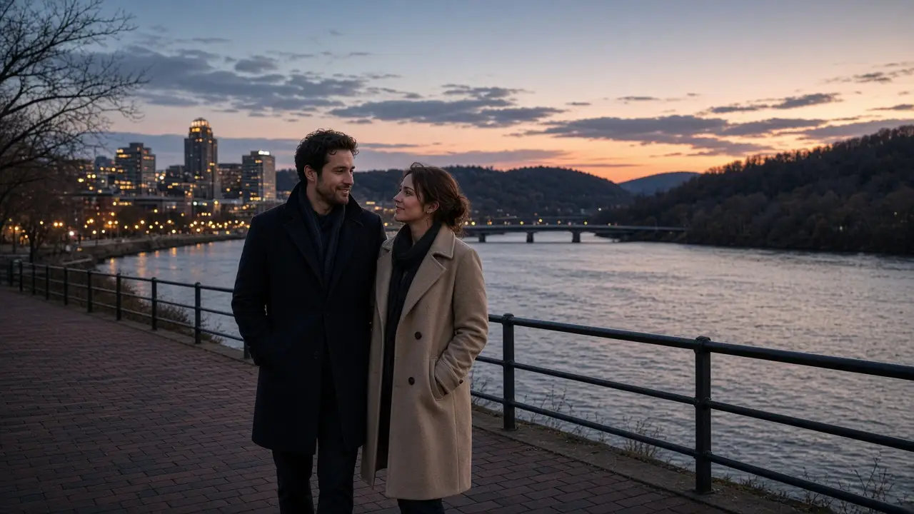 A dressed couple on a river walk at dusk, hills across a wide river.