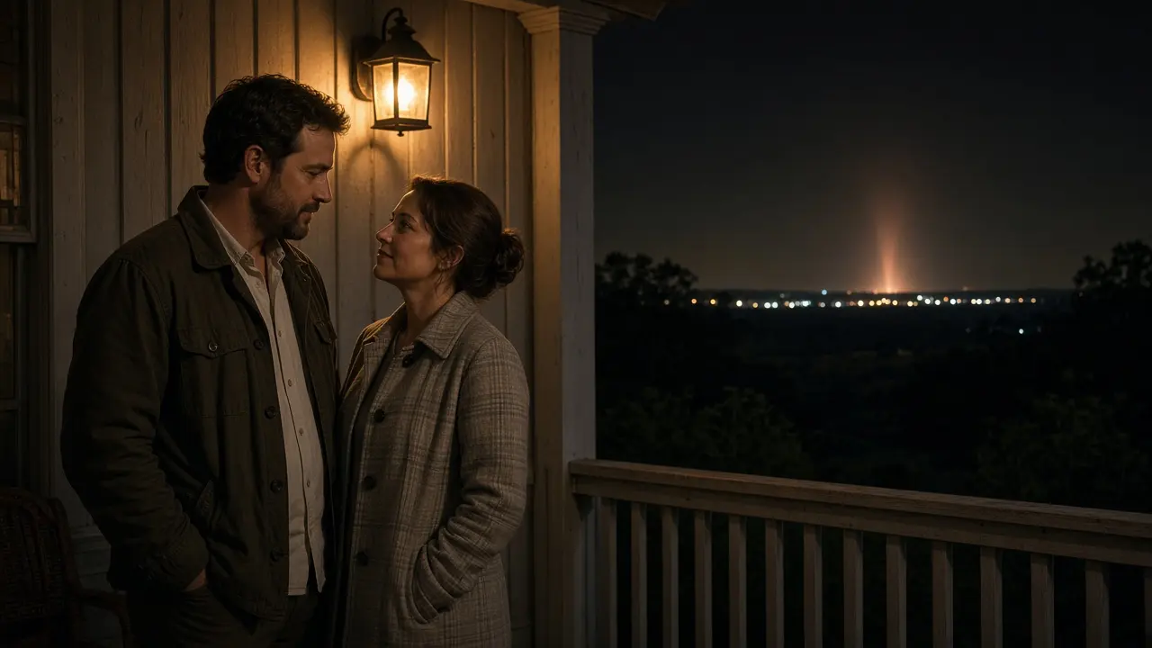 A dressed couple on a porch at night, a rocket glow and a warm lamp.