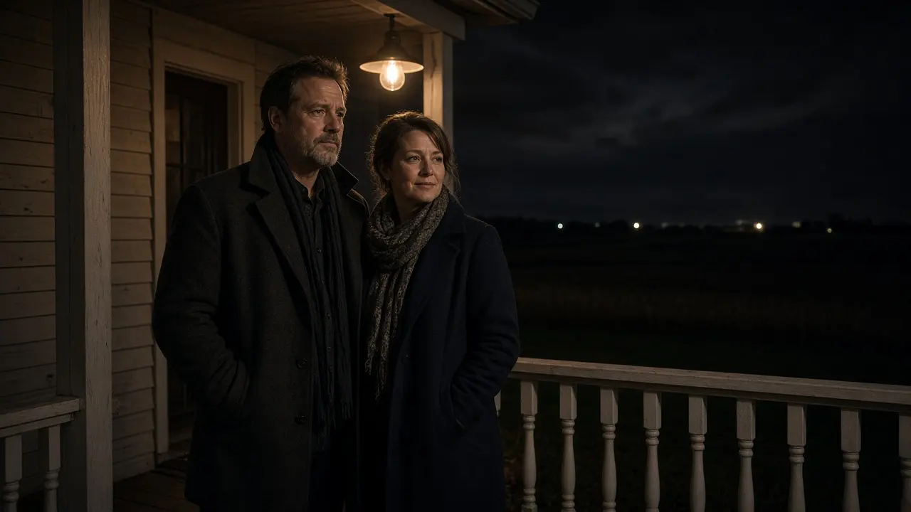 A dressed couple on a porch at night, flat farmland and a warm lamp.
