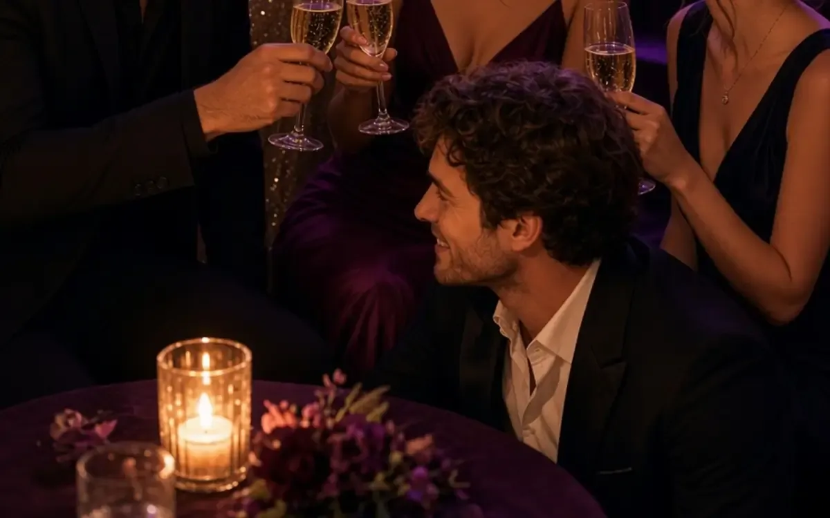A couple arriving at a private lounge, where another couple is already seated.