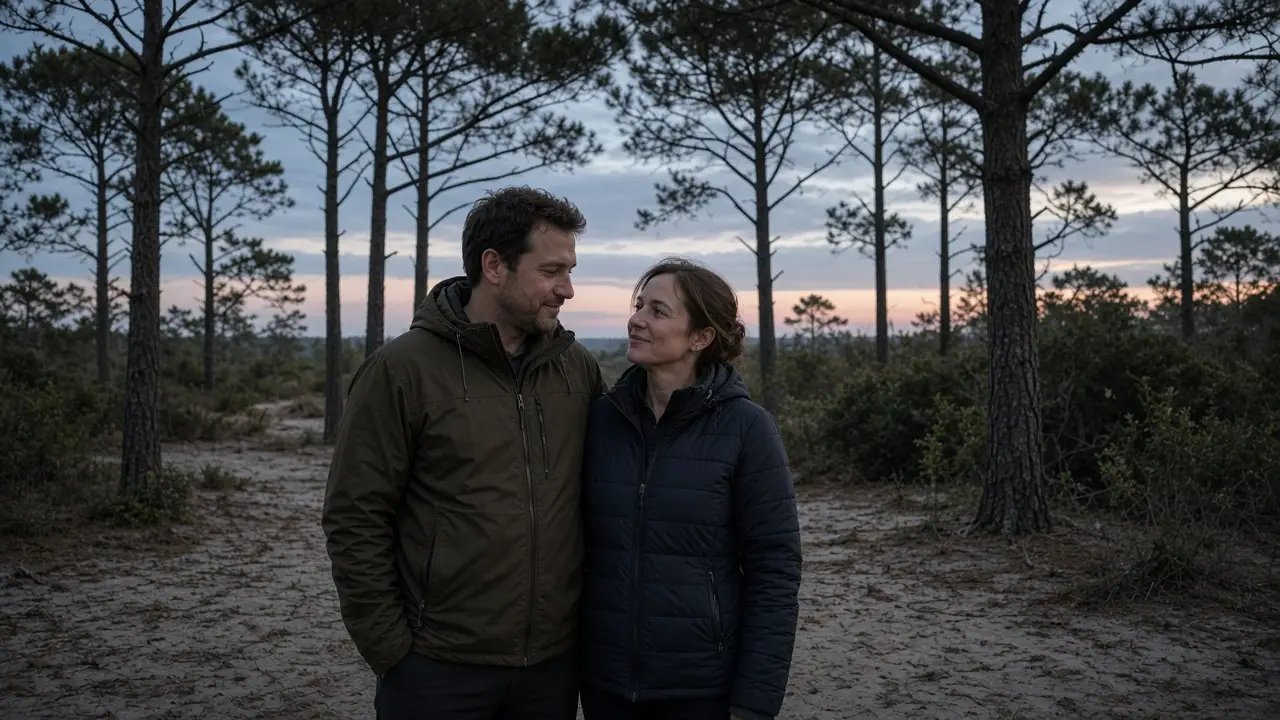 A dressed couple among coastal pines at dusk, no signs.