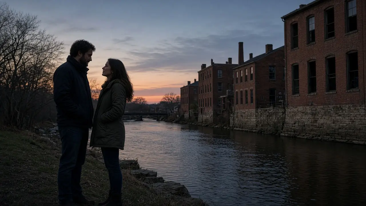 A dressed couple in jackets beside a slow river at dusk, brick buildings with no signs.