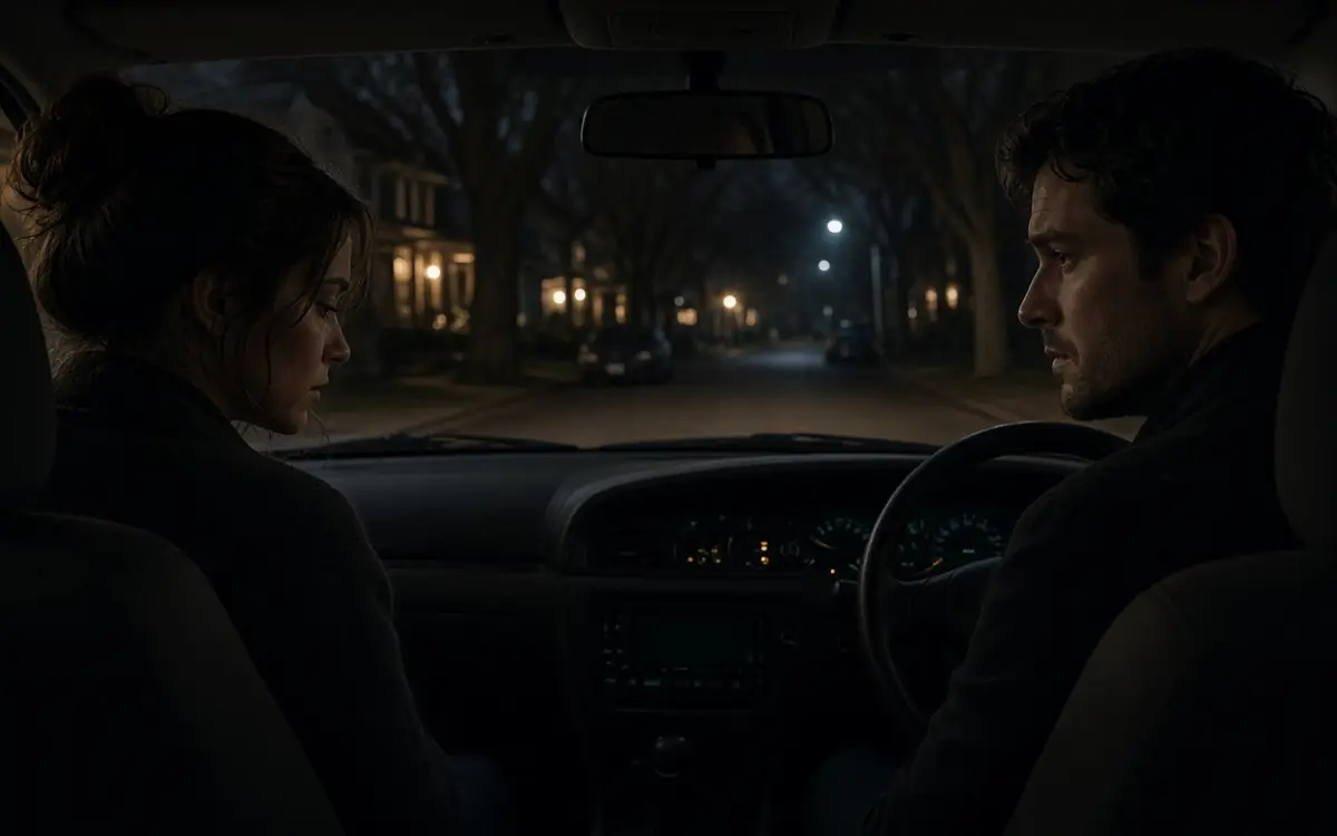 A dressed couple in a parked car at night, dashboard glow and a quiet street.