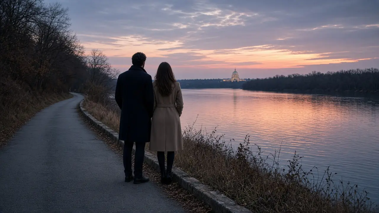 A dressed couple in coats on a bluff above a river at dusk, no signs.